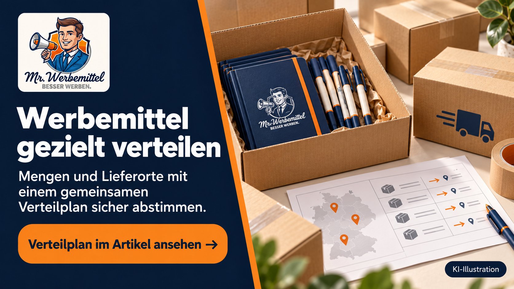 Werbemittel gezielt verteilen: Versandkartons, Notizbücher und Kugelschreiber für mehrere Standorte