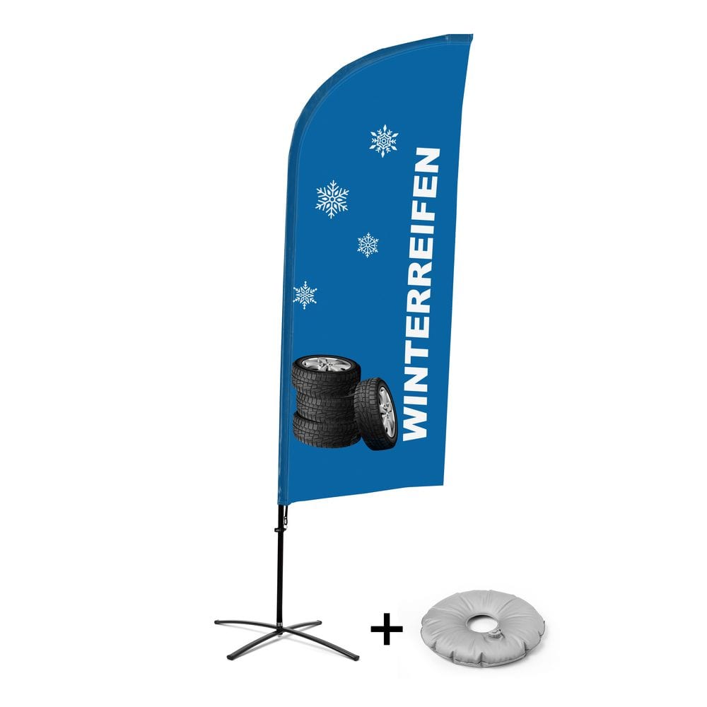 Beachflag Alu WindForm Komplett-Set Motiv „Winterreifen“ Deutsch Kreuzständer