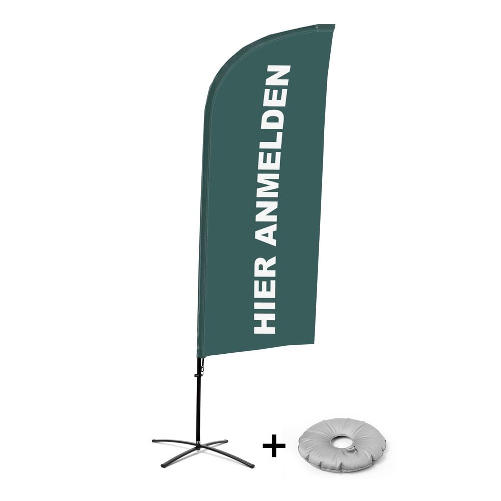 Beachflag Alu WindForm Komplett-Set Motiv „Hier Anmelden“ Grau Deutsch Kreuzständer