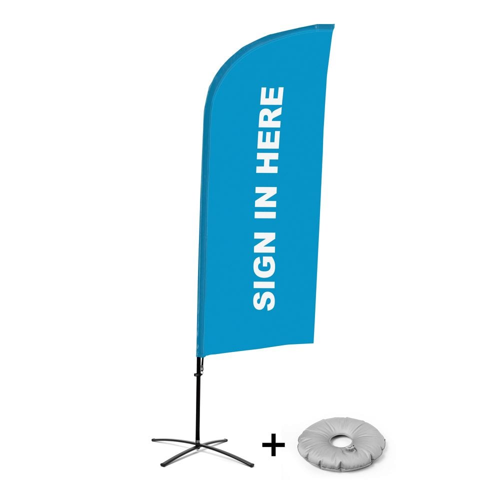 Beachflag Alu WindForm Komplett-Set Motiv „Hier Anmelden“ Blau Englisch Kreuzständer