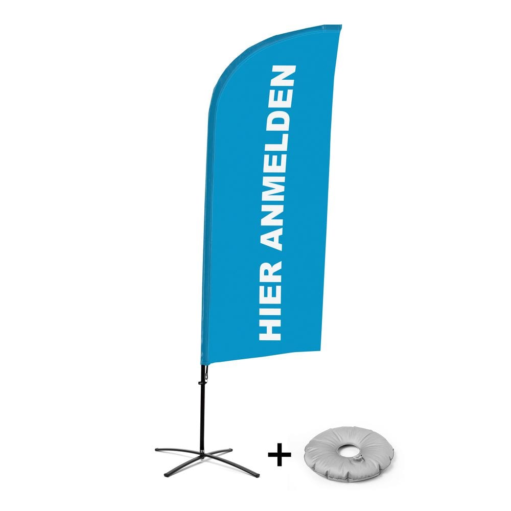 Beachflag Alu WindForm Komplett-Set Motiv „Hier Anmelden“ Blau Deutsch Kreuzständer