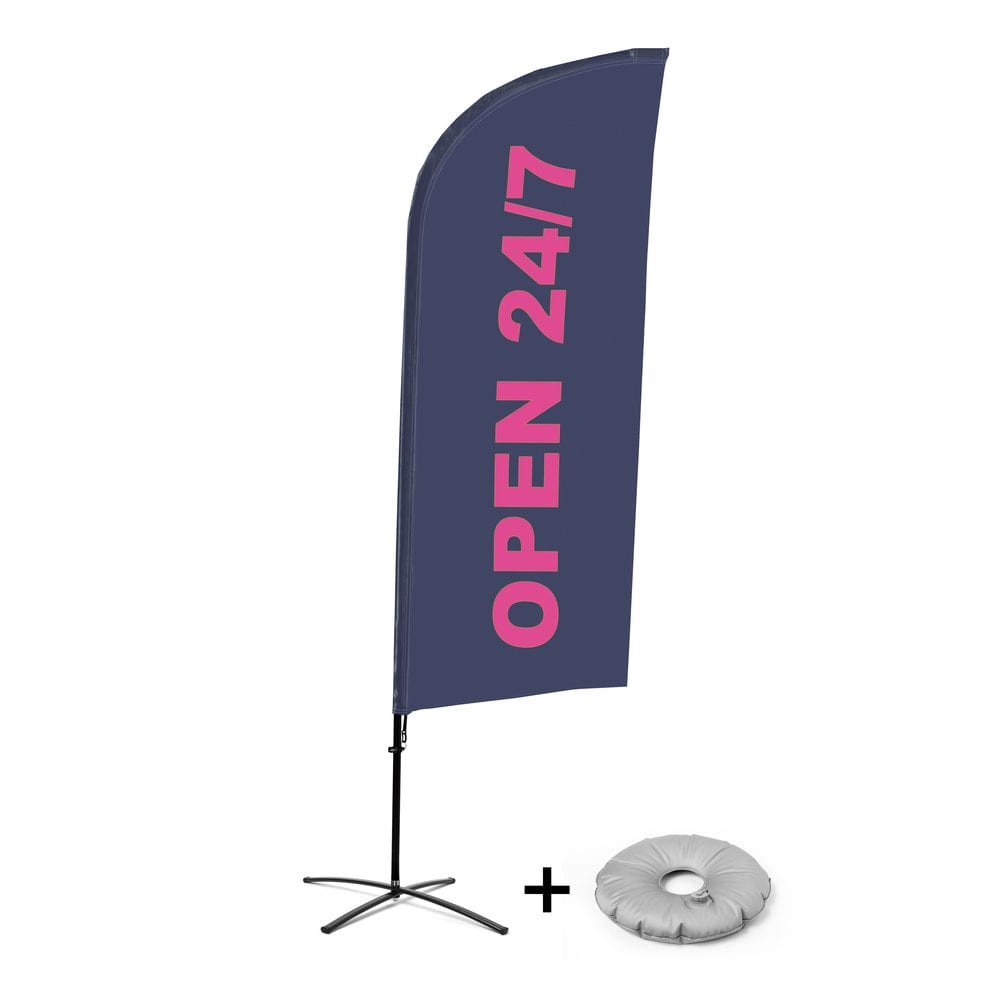Beachflag Alu WindForm Komplett-Set Motiv „24/7 Geöffnet“ Englisch Kreuzständer