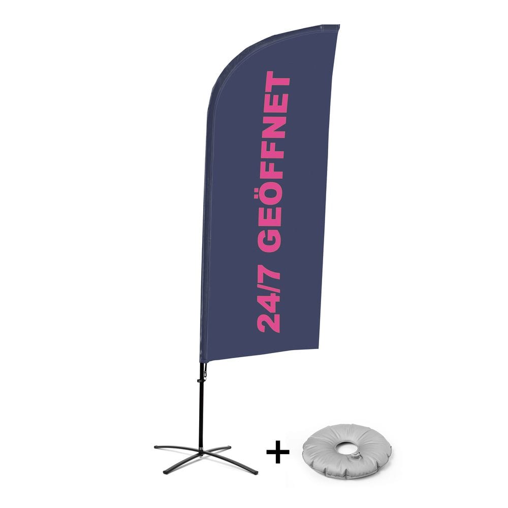 Beachflag Alu WindForm Komplett-Set Motiv „24/7 Geöffnet“ Deutsch Kreuzständer