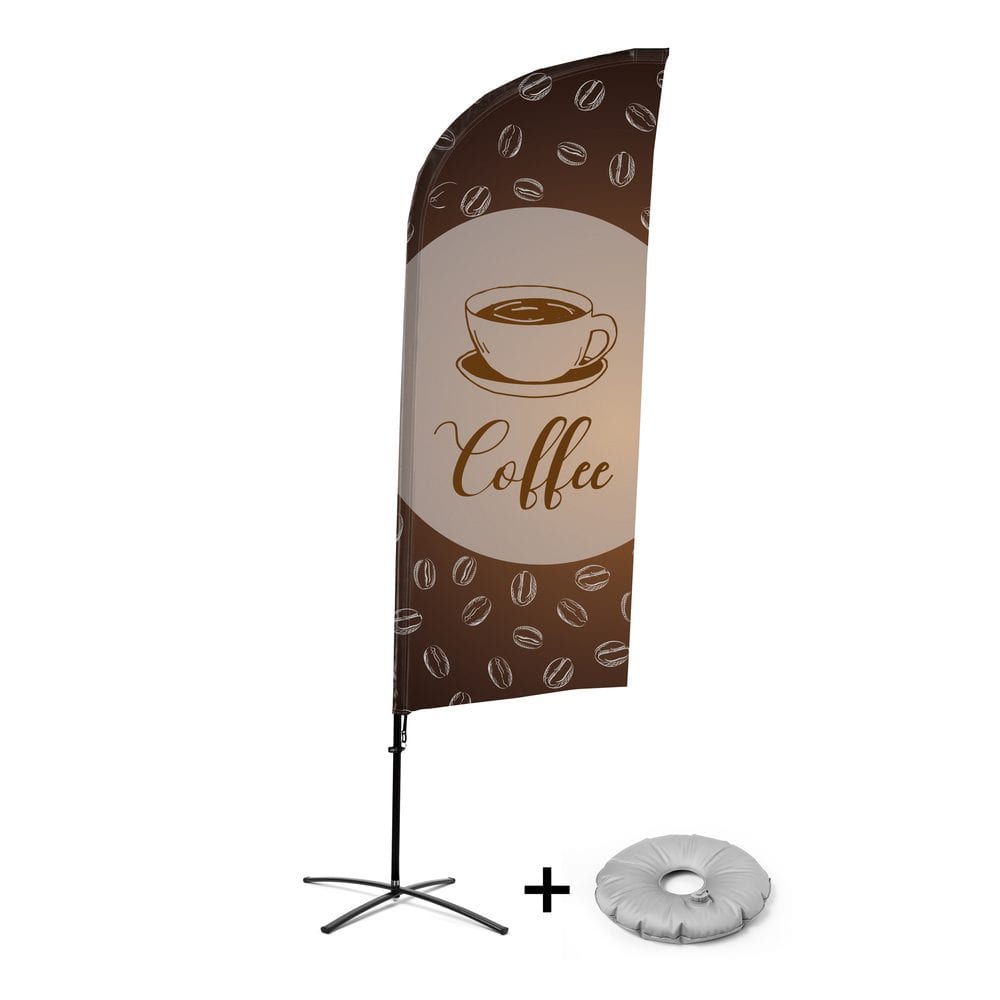 Beachflag Alu WindForm Komplett-Set Motiv „Kaffee“ Englisch Kreuzständer