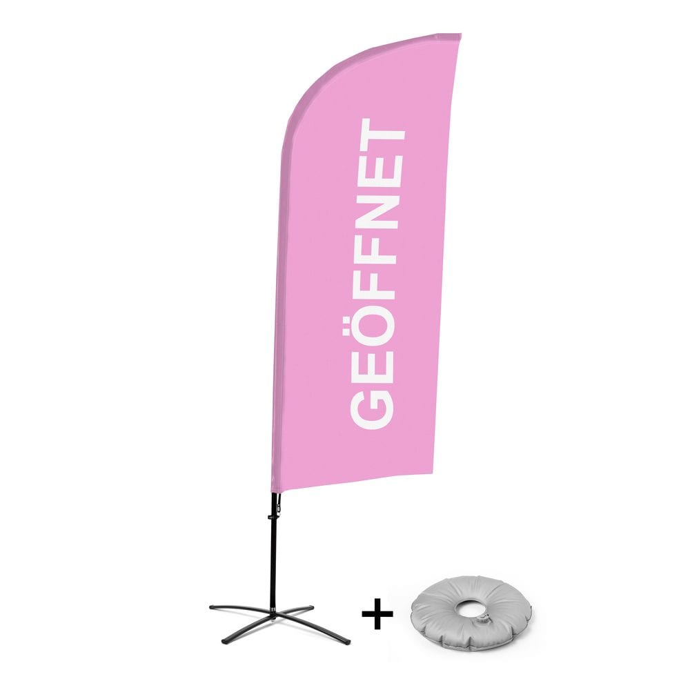 Beachflag Alu WindForm Komplett-Set Motiv „Geöffnet“ Pink Deutsch Kreuzständer