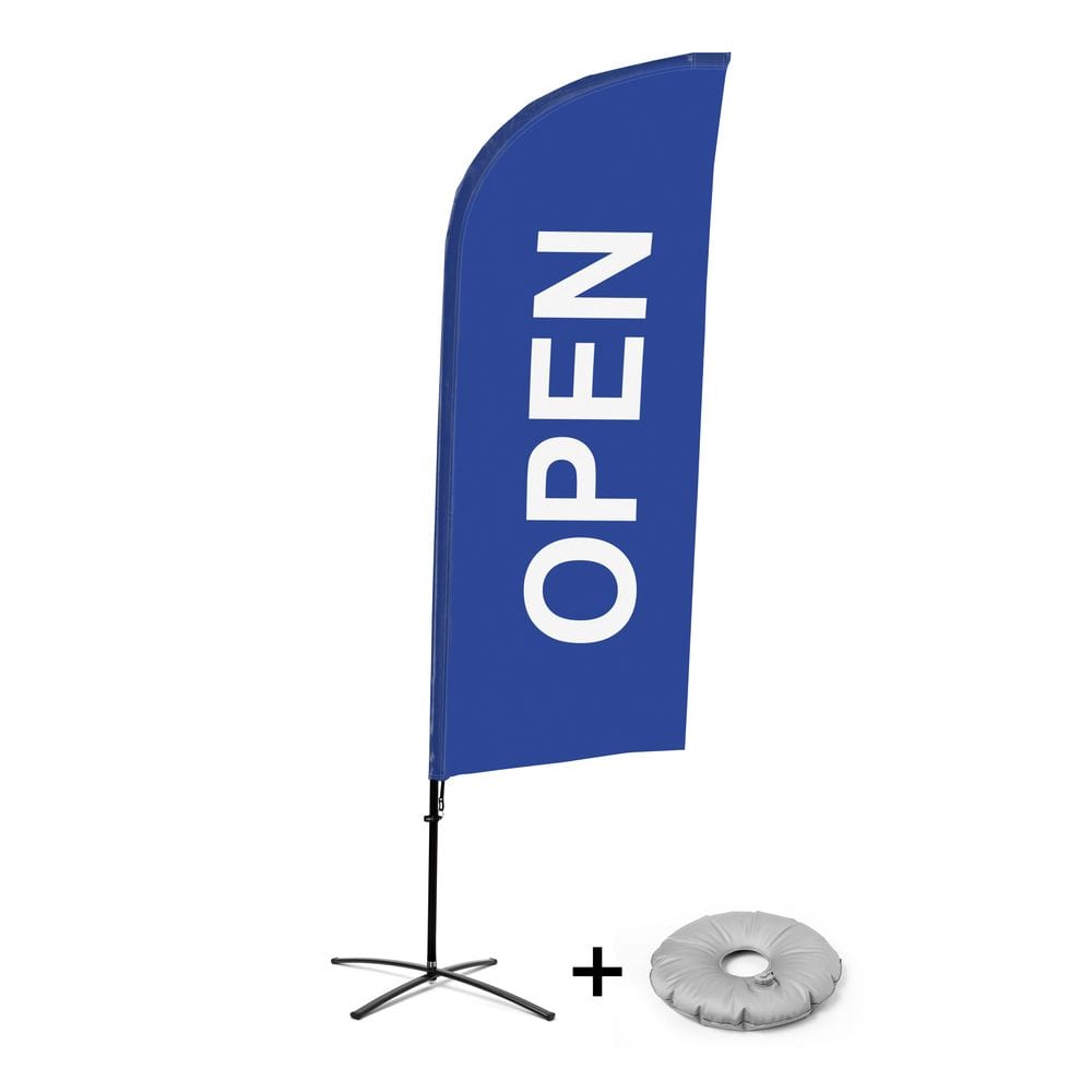 Beachflag Alu WindForm Komplett-Set Motiv „Geöffnet“ Blau Englisch Kreuzständer