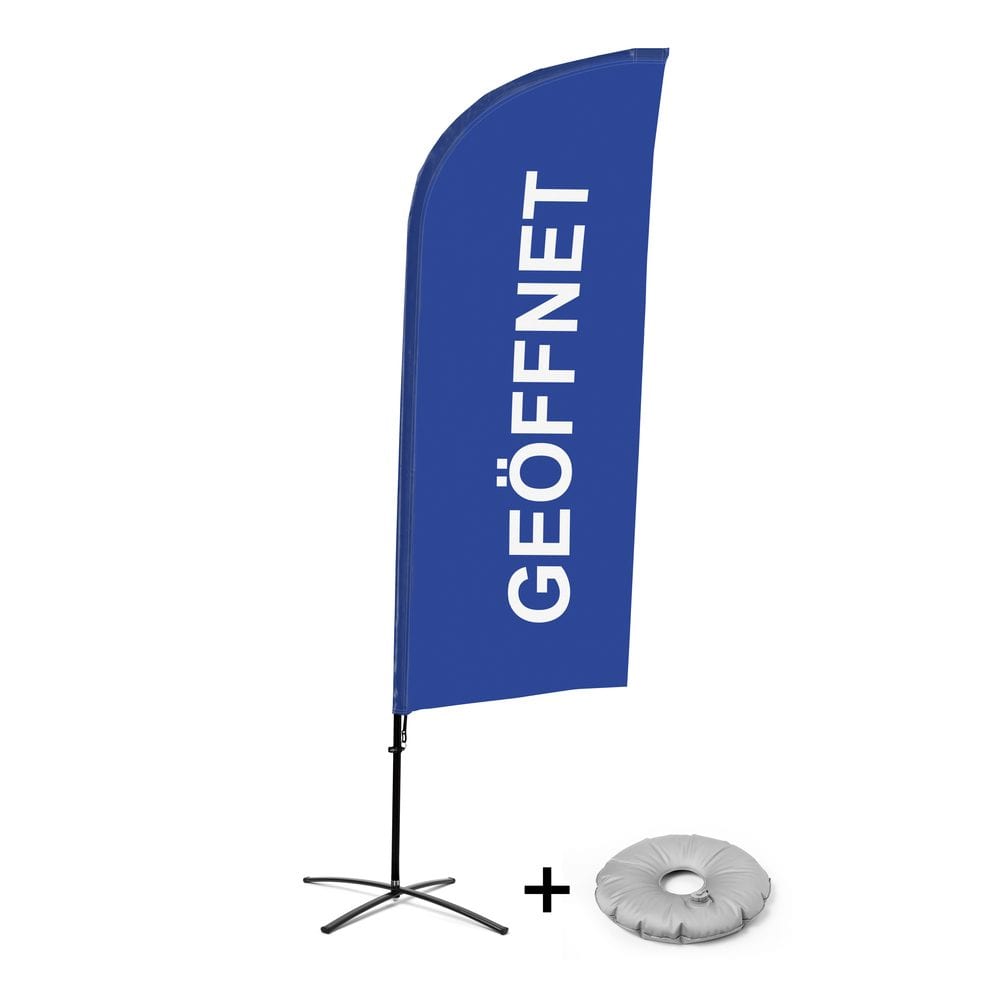 Beachflag Alu WindForm Komplett-Set Motiv „Geöffnet“ Blau Deutsch Kreuzständer