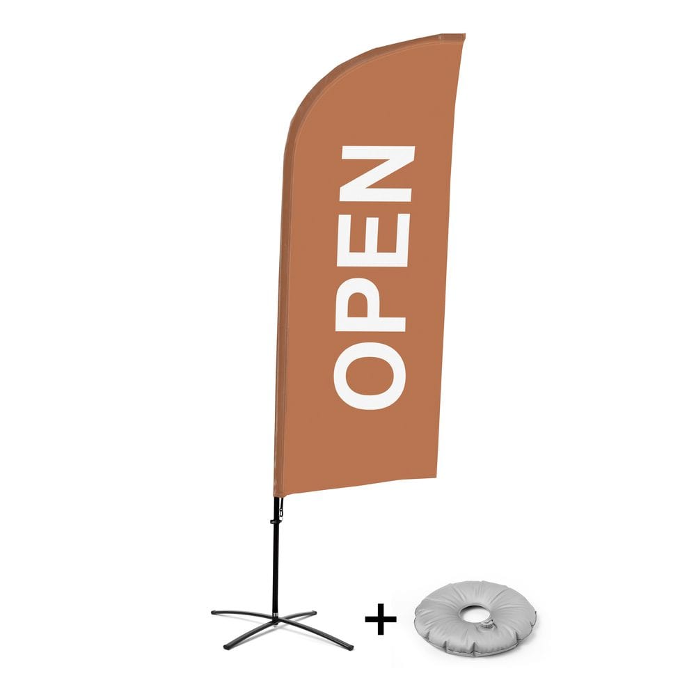 Beachflag Alu WindForm Komplett-Set Motiv „Geöffnet“ Braun Englisch Kreuzständer