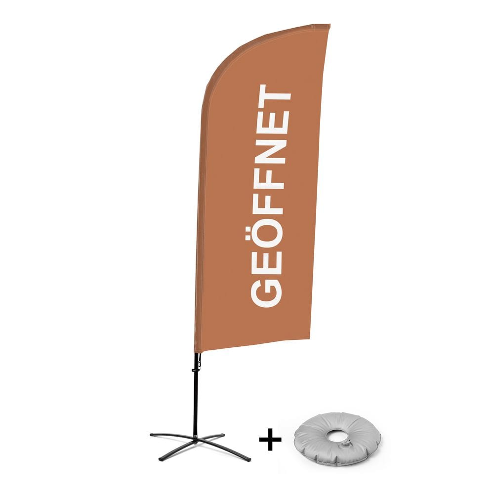 Beachflag Alu WindForm Komplett-Set Motiv „Geöffnet“ Braun Deutsch Kreuzständer