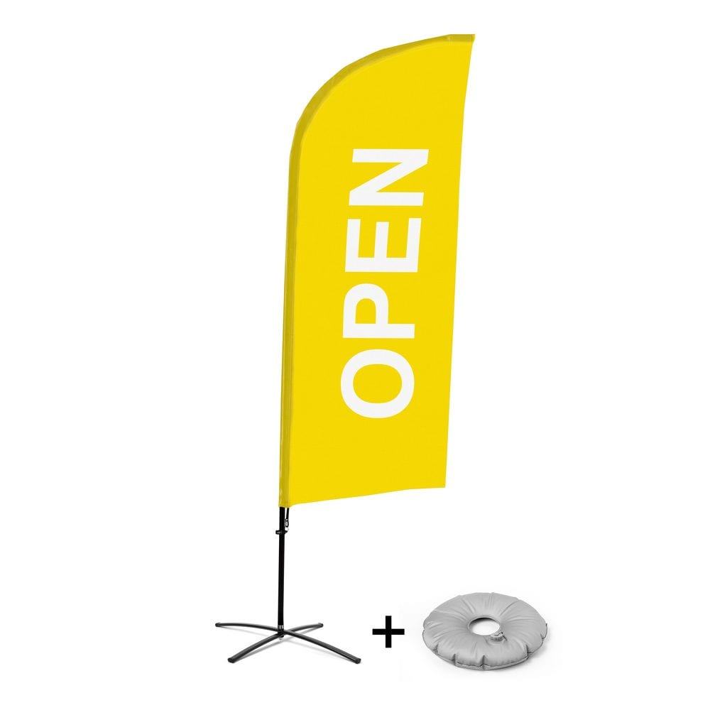 Beachflag Alu WindForm Komplett-Set Motiv „Geöffnet“ Gelb Englisch Kreuzständer