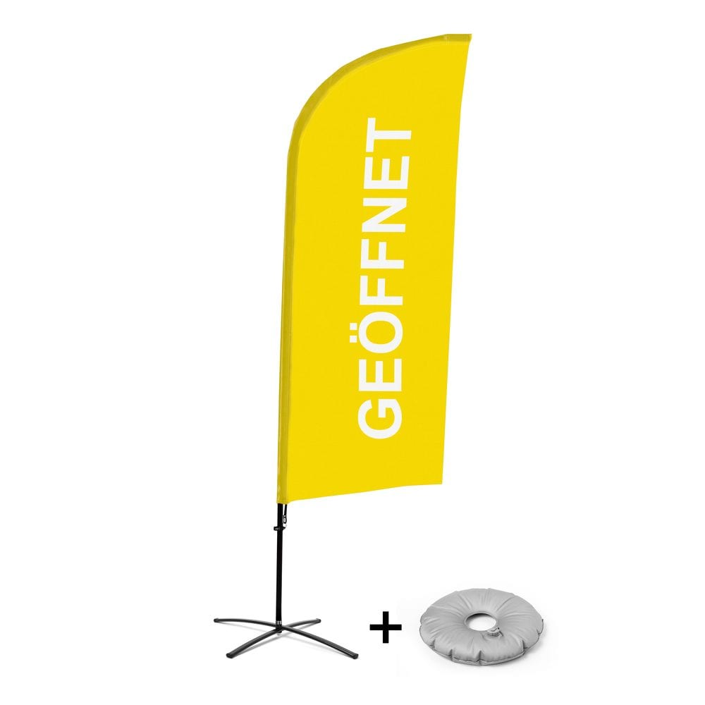 Beachflag Alu WindForm Komplett-Set Motiv „Geöffnet“ Gelb Deutsch Kreuzständer