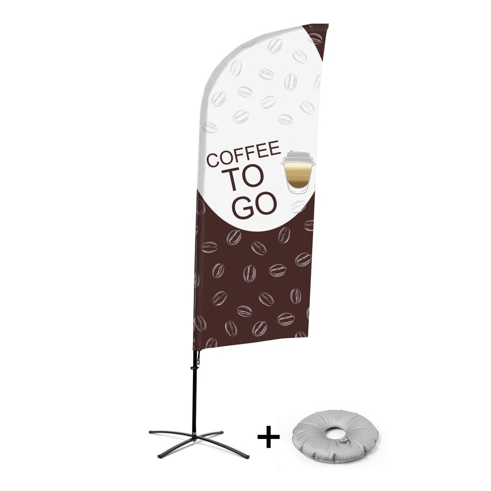 Beachflag Alu WindForm Komplett-Set Motiv „Kaffee To Go“ Englisch Kreuzständer