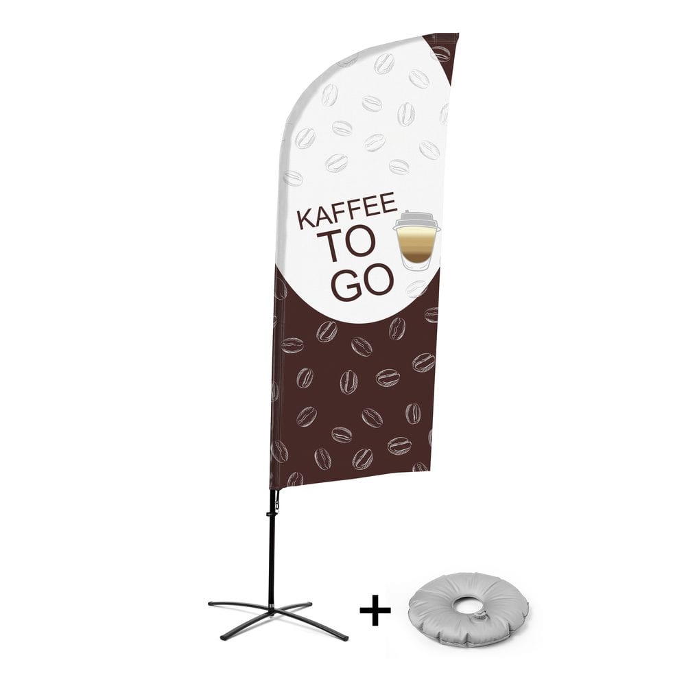 Beachflag Alu WindForm Komplett-Set Motiv „Kaffee To Go“ Deutsch Kreuzständer