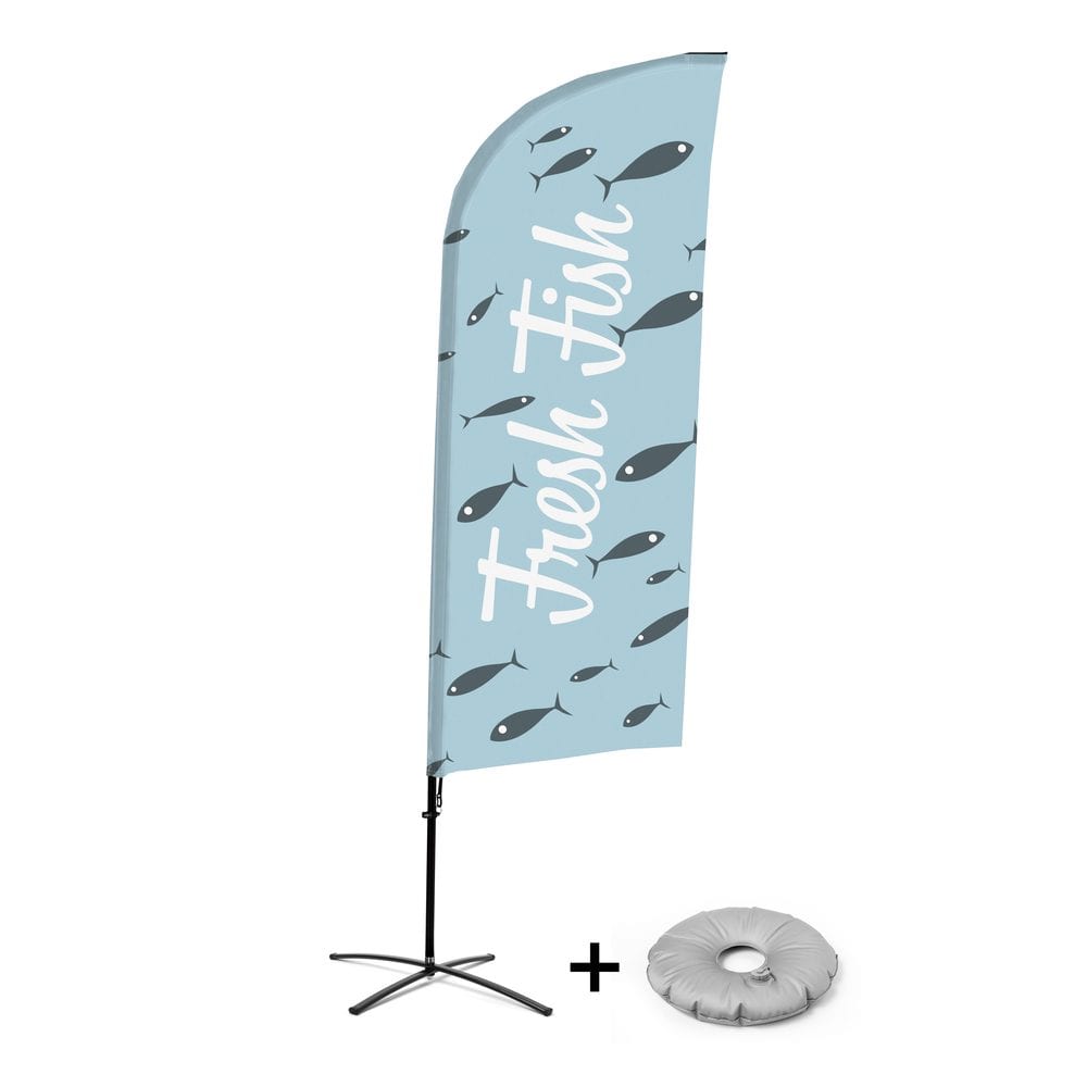 Beachflag Alu WindForm Komplett-Set Motiv „Frischer Fisch“ Englisch Kreuzständer