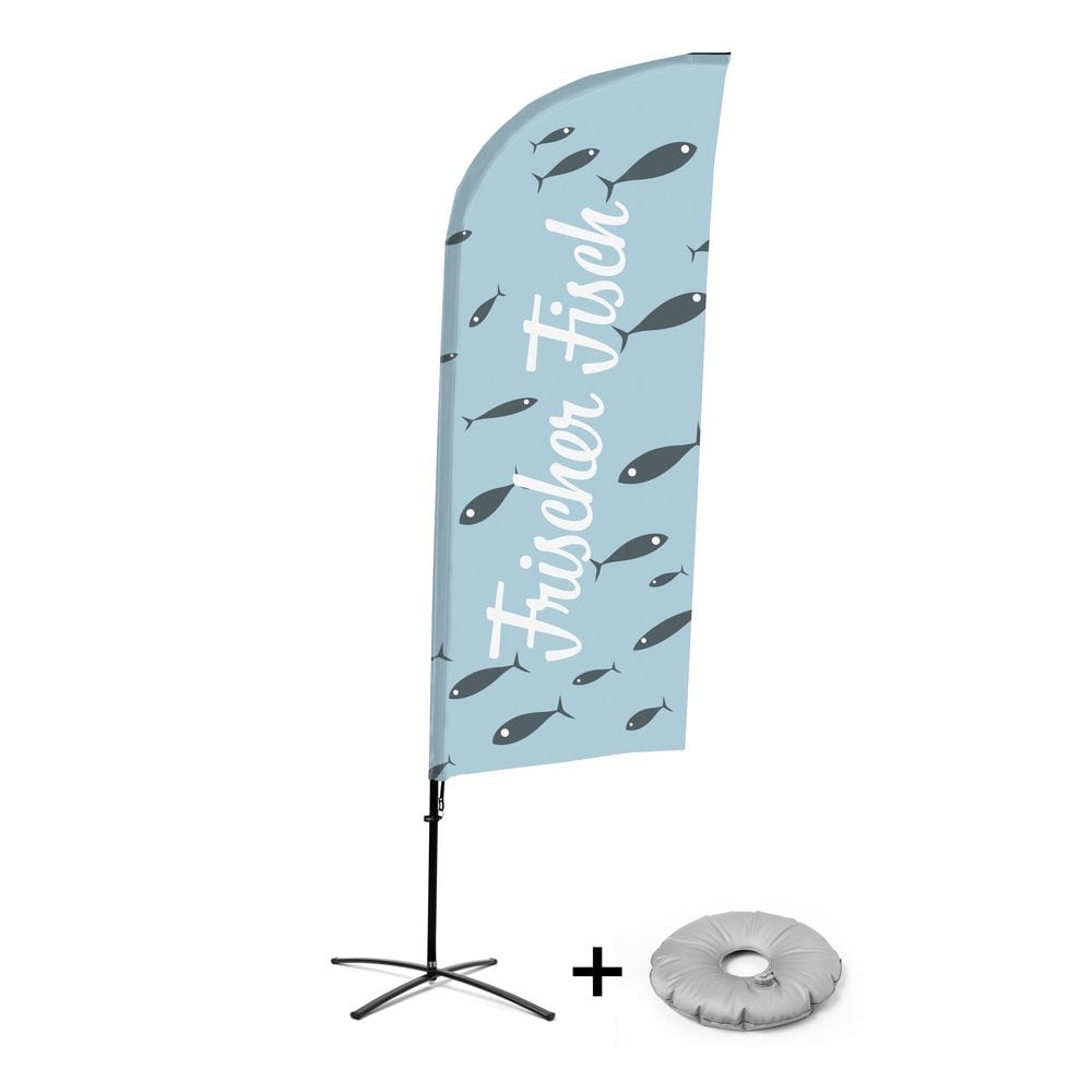 Beachflag Alu WindForm Komplett-Set Motiv „Frischer Fisch“ Deutsch Kreuzständer
