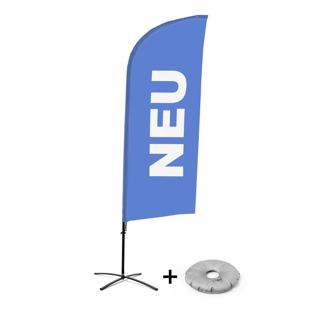 Beachflag Alu WindForm Komplett-Set Motiv „Neu“ Blau Deutsch Kreuzständer