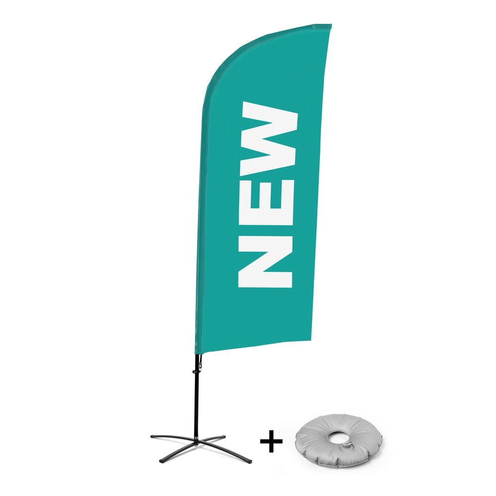 Beachflag Alu WindForm Komplett-Set Motiv „Neu“ Türkis Englisch Kreuzständer