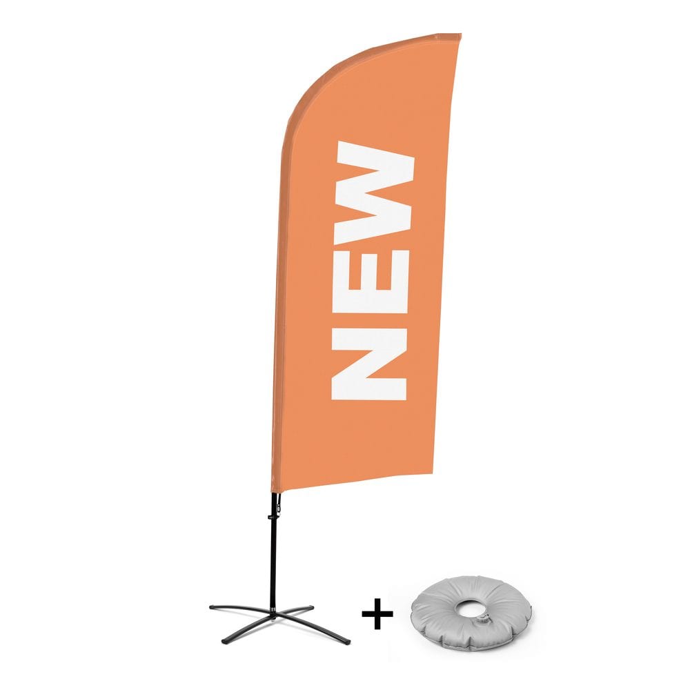 Beachflag Alu WindForm Komplett-Set Motiv „Neu“ Orange Englisch Kreuzständer