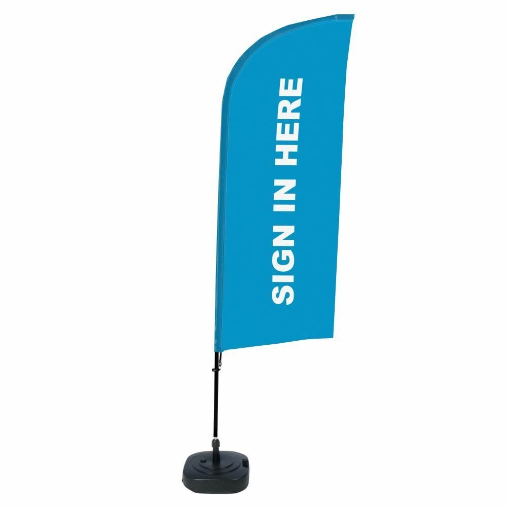 Beachflag Alu WindForm Komplett-Set Motiv „Hier Anmelden“ Blau Englisch