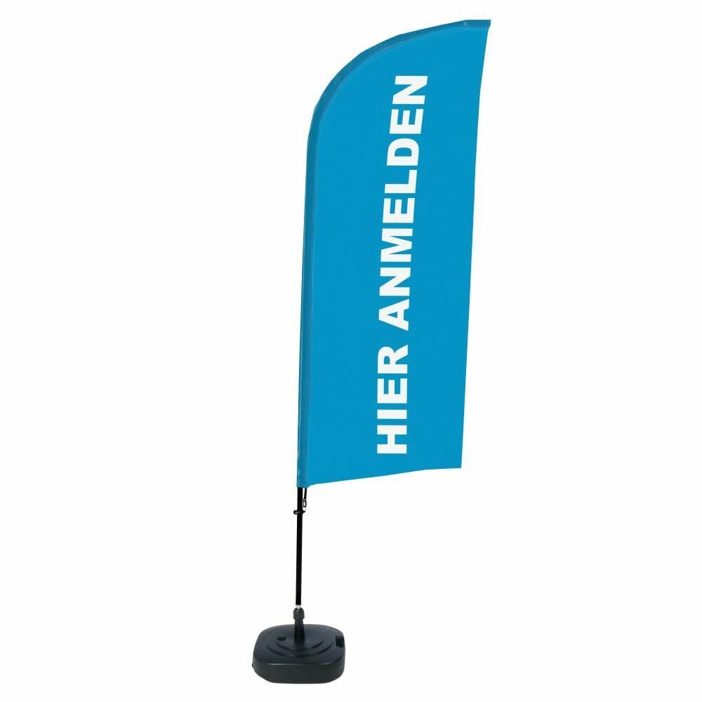Beachflag Alu WindForm Komplett-Set Motiv „Hier Anmelden“ Blau Deutsch