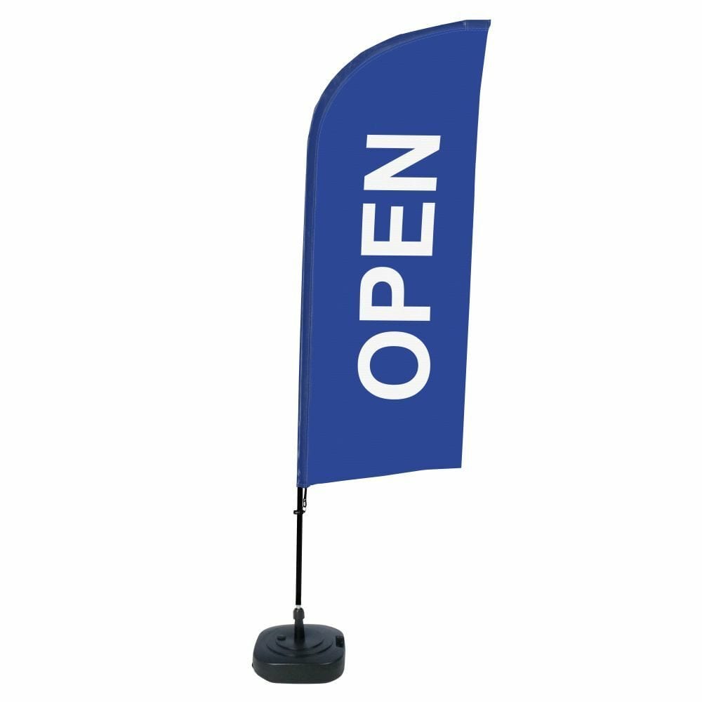 Beachflag Alu WindForm Komplett-Set Motiv „Geöffnet“ Blau Englisch ECO
