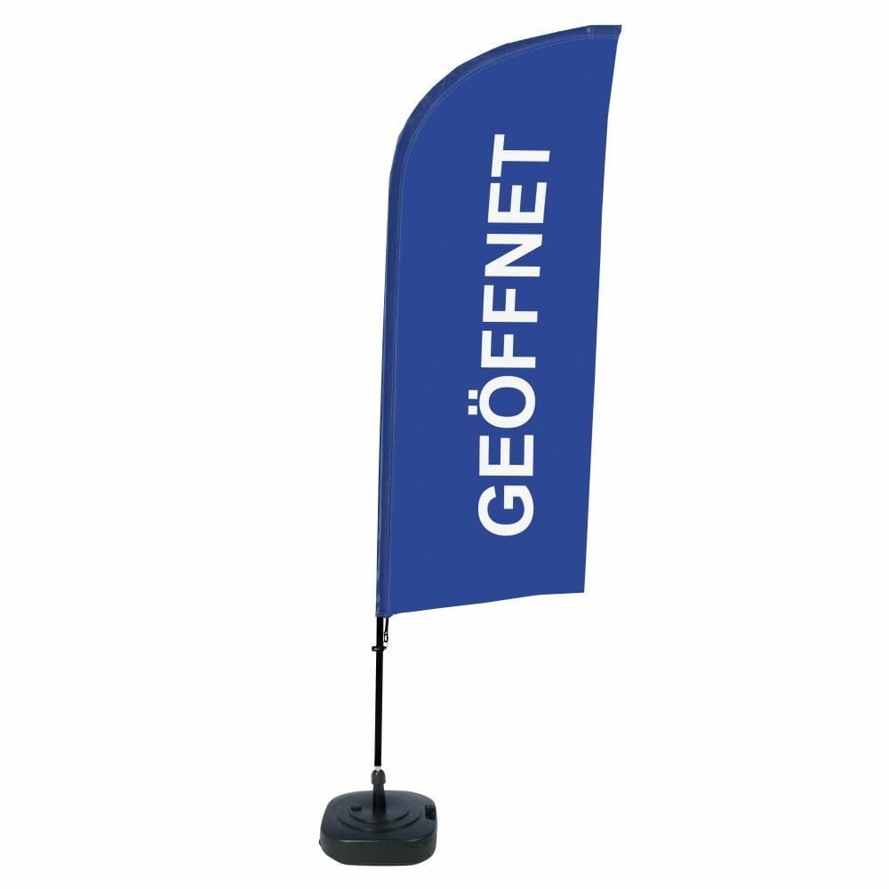 Beachflag Alu WindForm Komplett-Set Motiv „Geöffnet“ Blau Deutsch