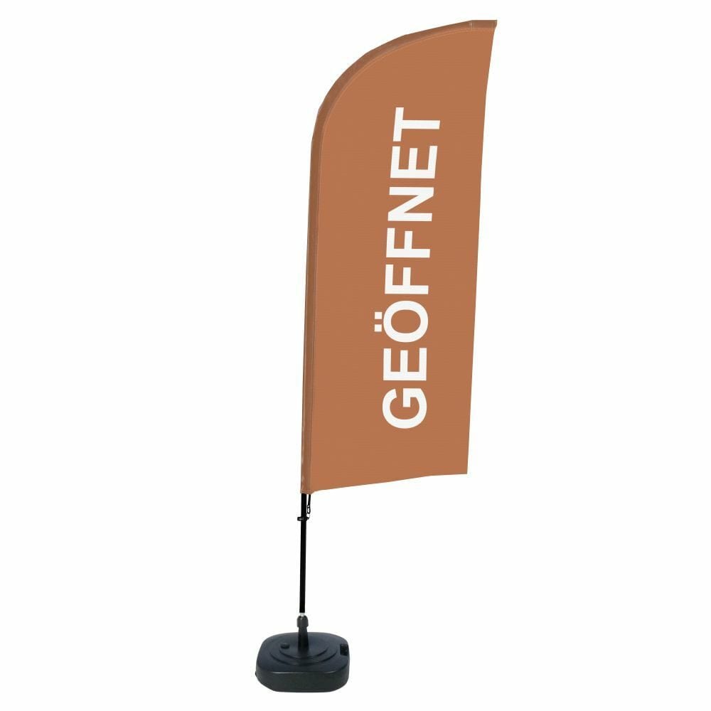 Beachflag Alu WindForm Komplett-Set Motiv „Geöffnet“ Braun Deutsch ECO
