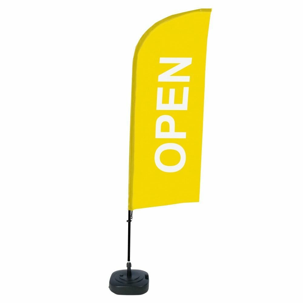 Beachflag Alu WindForm Komplett-Set Motiv „Geöffnet“ Gelb Englisch ECO