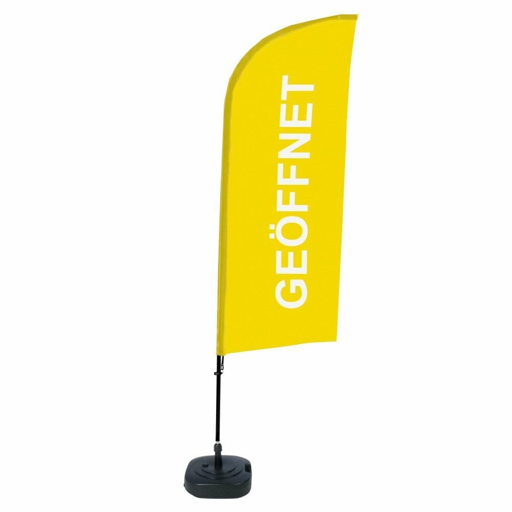 Beachflag Alu WindForm Komplett-Set Motiv „Geöffnet“ Gelb Deutsch ECO