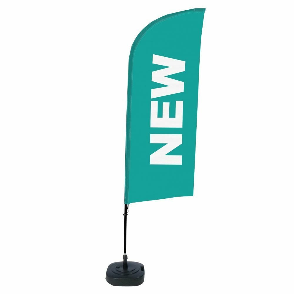 Beachflag Alu WindForm Komplett-Set Motiv „Neu“ Türkis Englisch ECO