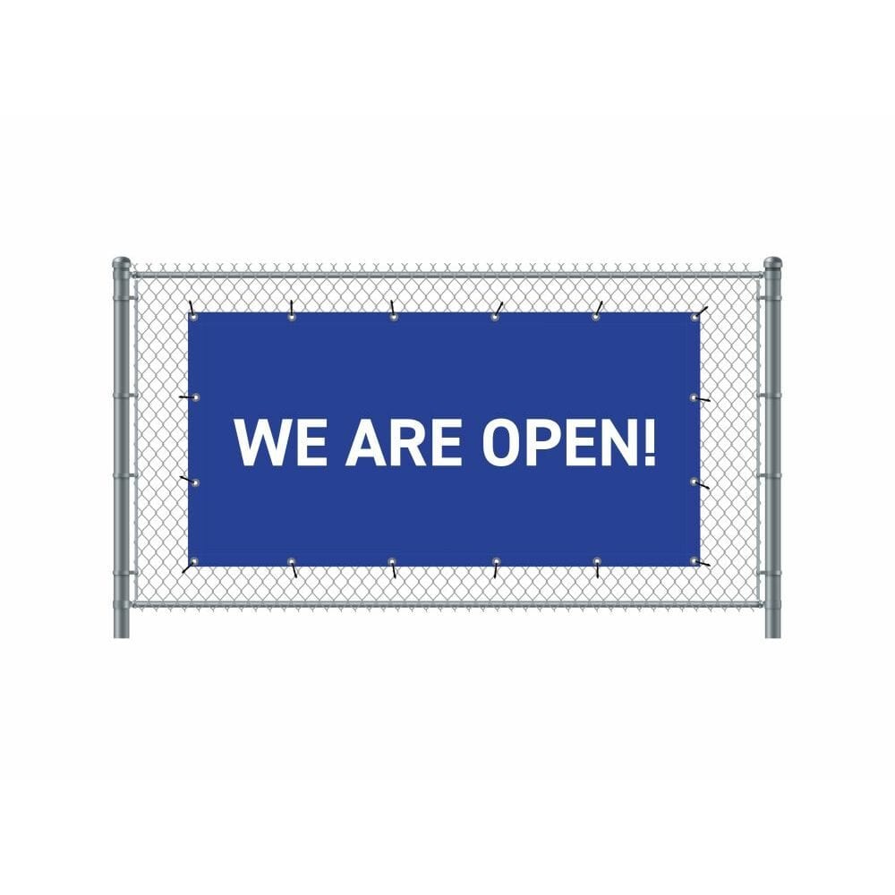 Zaun-Banner 200 x 100 cm Motiv „Geöffnet“ Englisch Blau