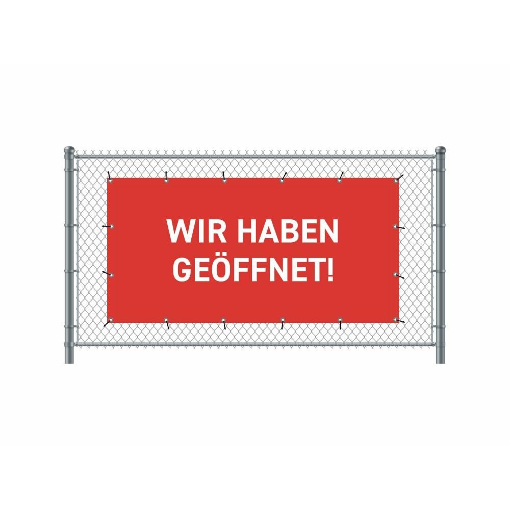 Zaun-Banner 200 x 100 cm Motiv „Geöffnet“ Deutsch Rot