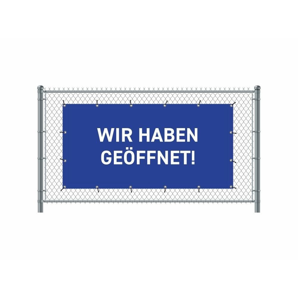 Zaun-Banner 200 x 100 cm Motiv „Geöffnet“ Deutsch Blau