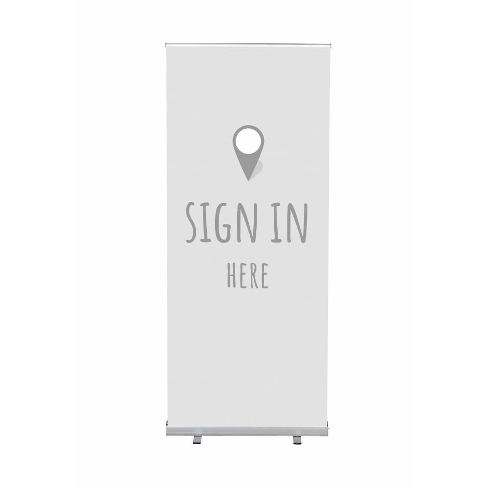 Roll-Banner Budget 85 Komplettset Motiv „Hier Anmelden“ Grau Englisch