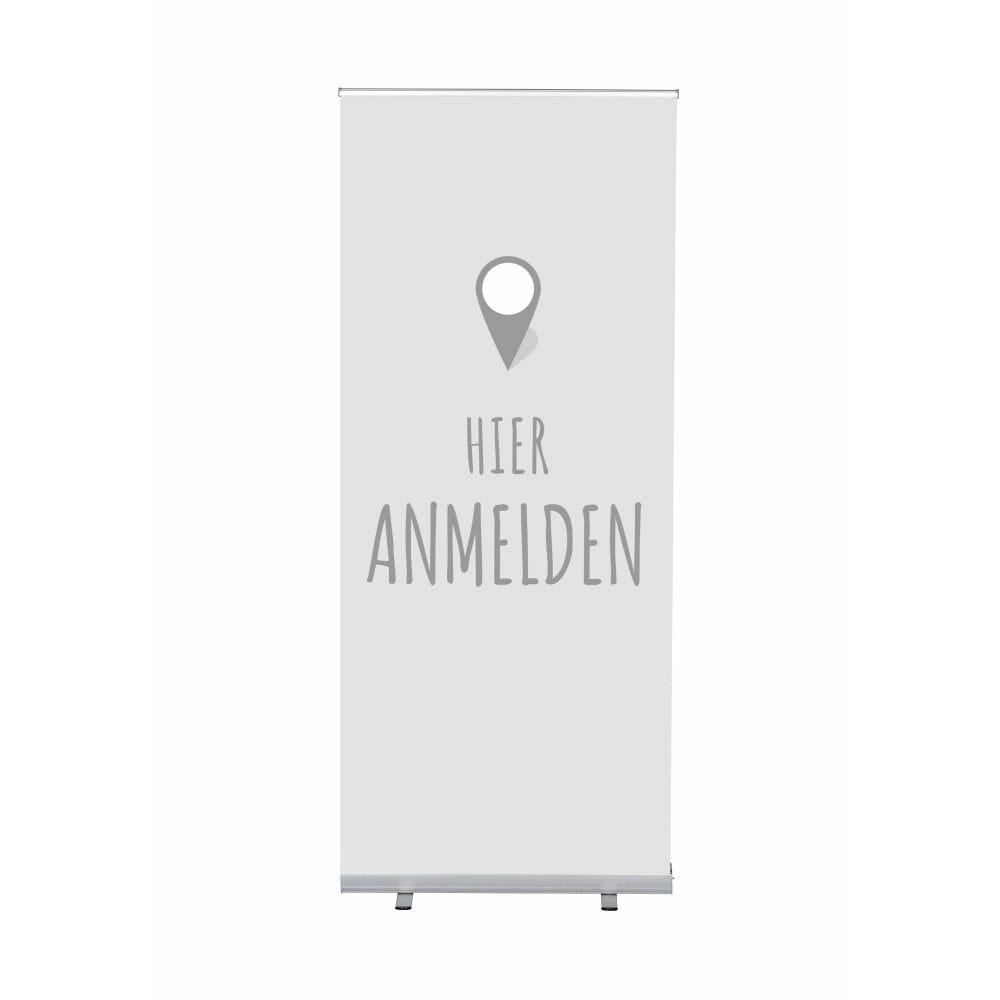Roll-Banner Budget 85 Komplettset Motiv „Hier Anmelden“ Grau Deutsch