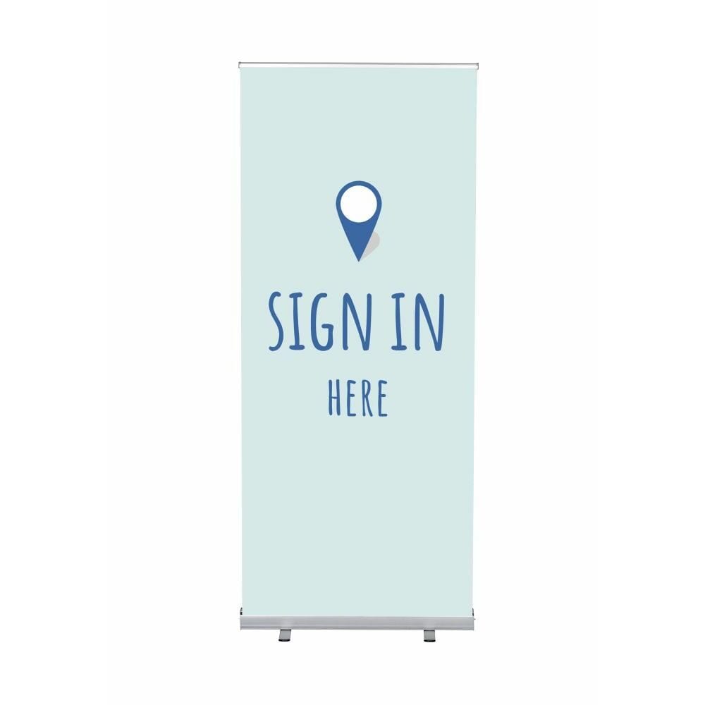 Roll-Banner Budget 85 Komplettset Motiv „Hier Anmelden“ Blau Englisch