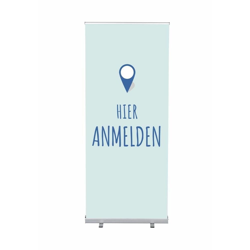 Roll-Banner Budget 85 Komplettset Motiv „Hier Anmelden“ Blau Deutsch