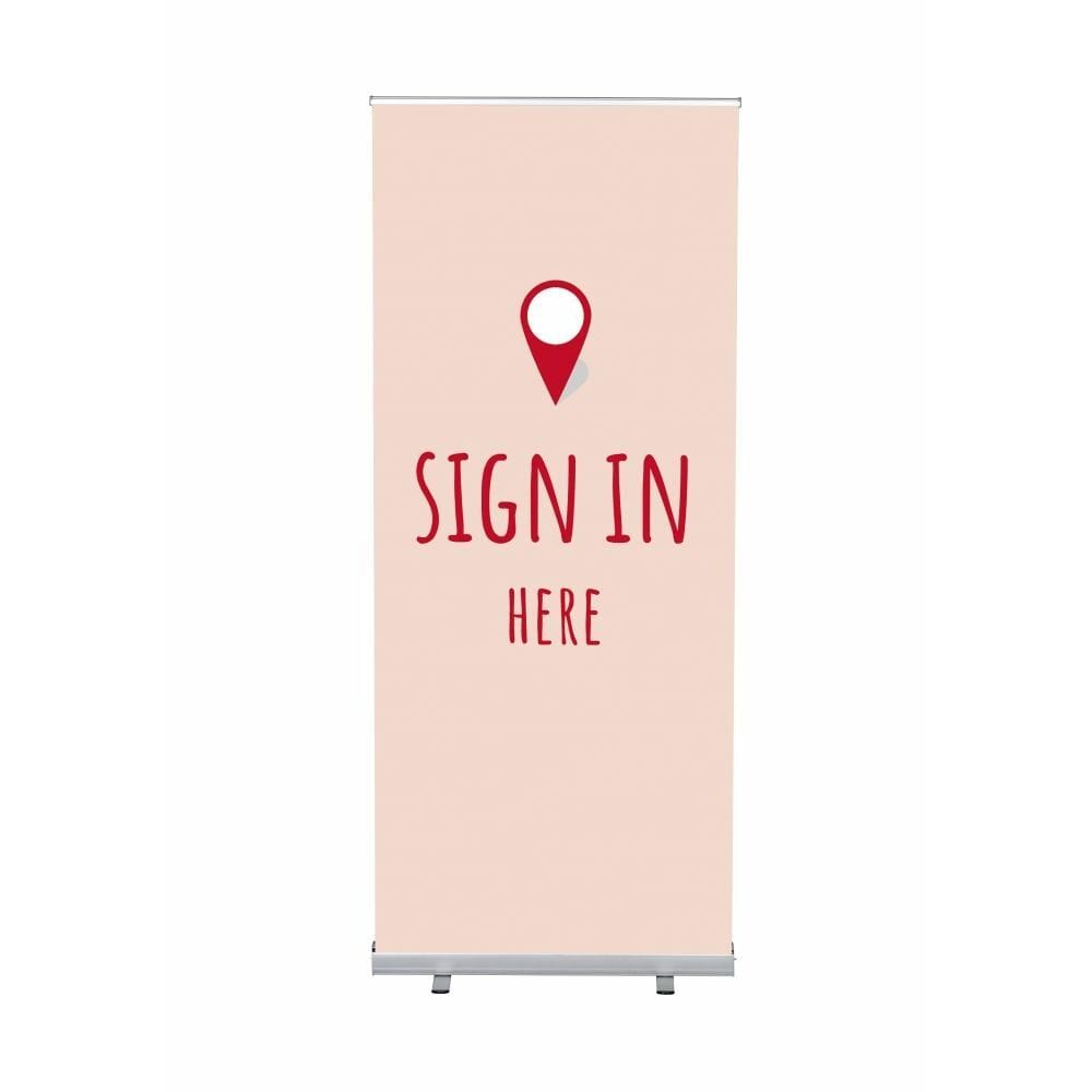 Roll-Banner Budget 85 Komplettset Motiv „Hier Anmelden“ Rot Englisch
