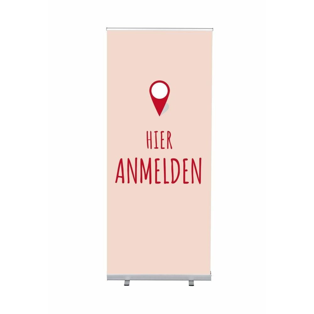 Roll-Banner Budget 85 Komplettset Motiv „Hier Anmelden“ Rot Deutsch