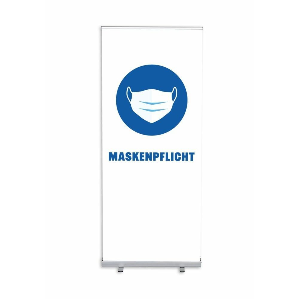 Roll-Banner Budget 85 Komplettset Motiv „Maskenpflicht“ Weiß Deutsch