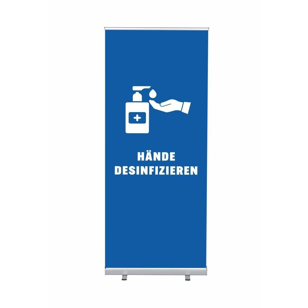 Roll-Banner Budget 85 Komplettset Motiv „Hände desinfizieren“ Blau Deutsch