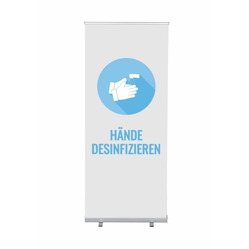 Roll-Banner Budget 85 Komplettset Motiv „Hände desinfizieren“ Weiß Deutsch