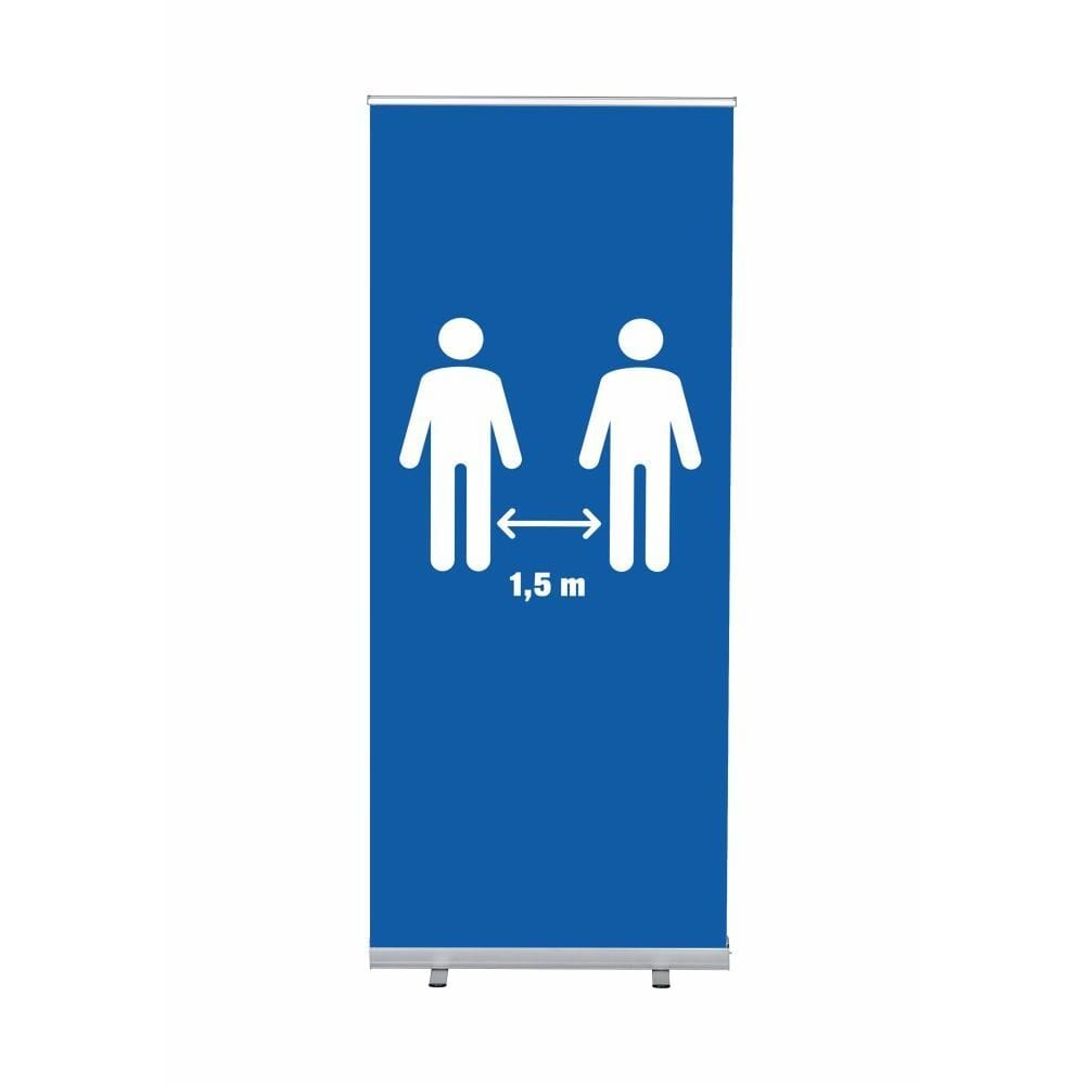 Roll-Banner Budget 85 Komplettset Motiv „1,5 Meter Abstand“ Blau