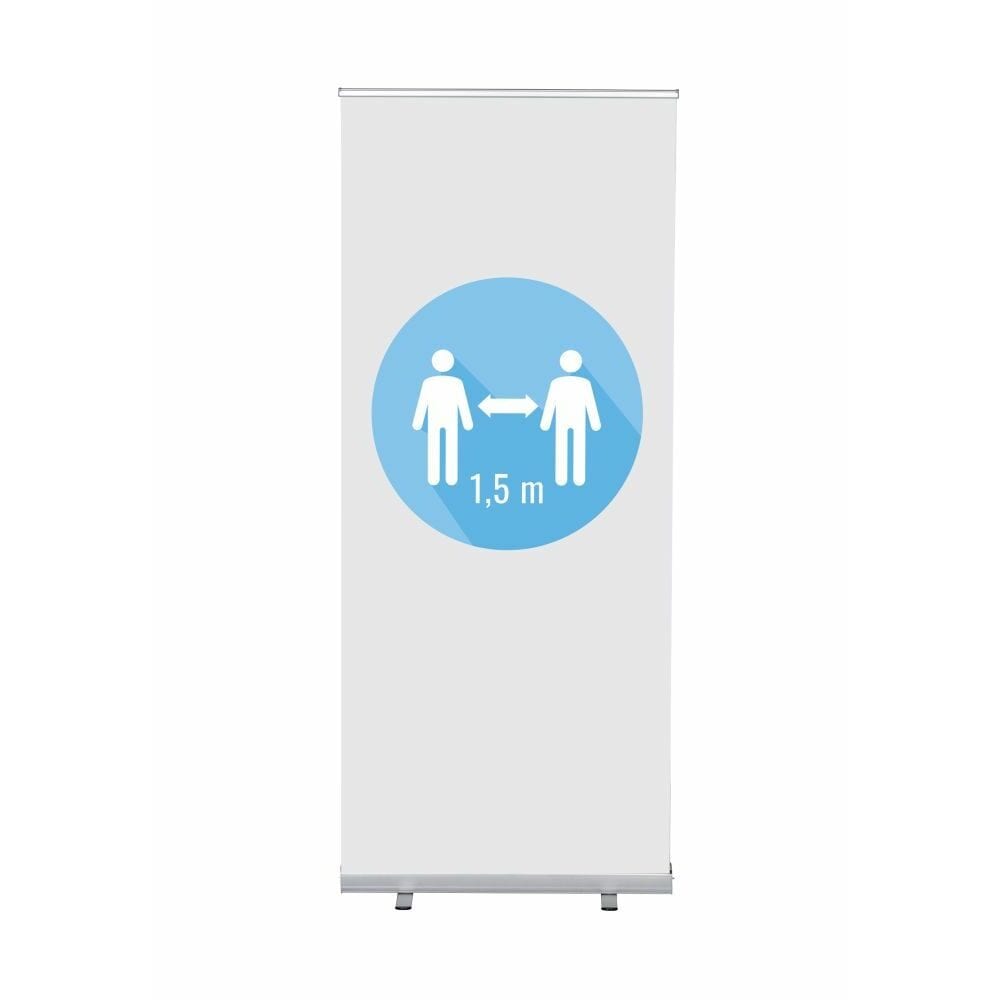 Roll-Banner Budget 85 Komplettset Motiv „1,5 Meter Abstand“ Weiß