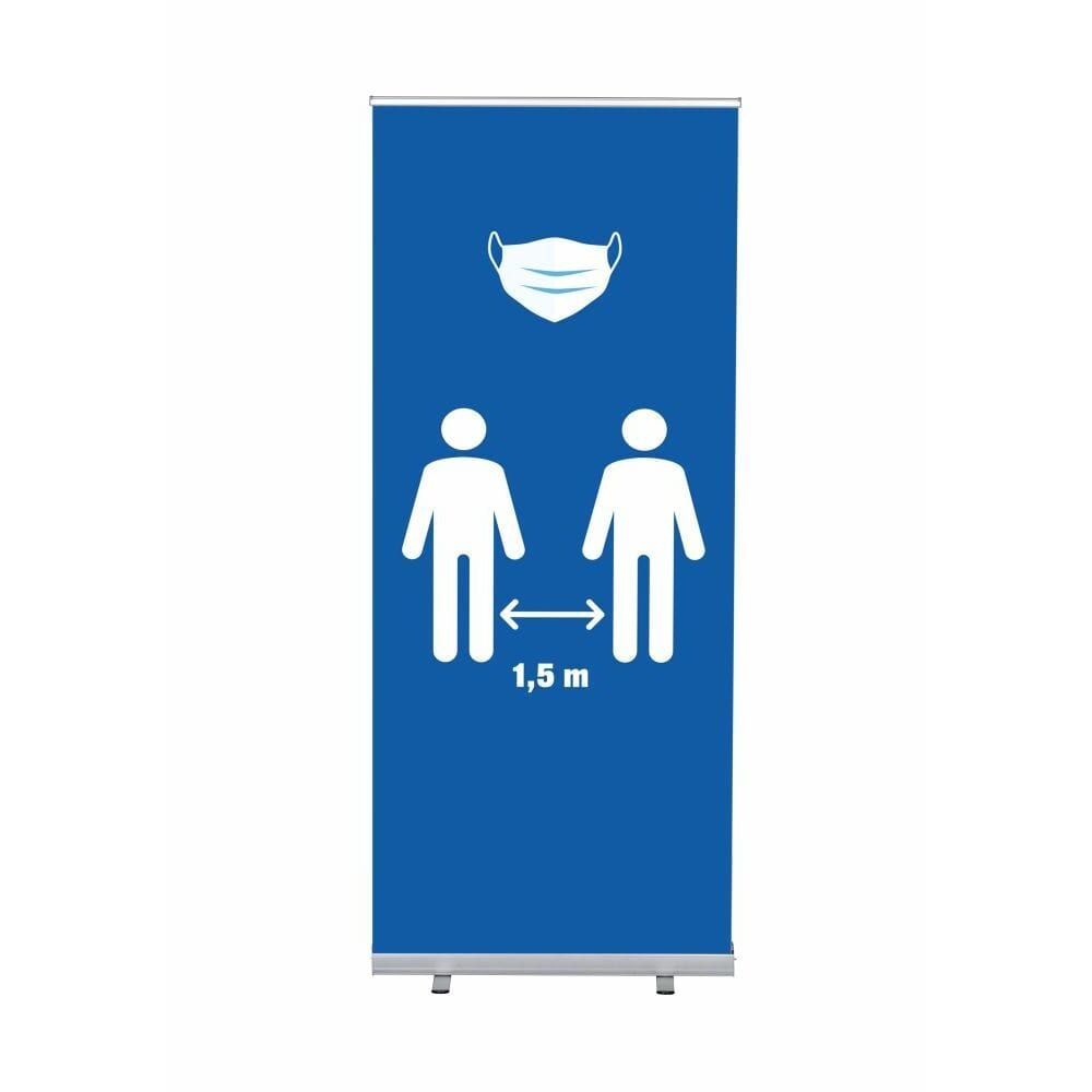 Roll-Banner Budget 85 Komplettset Motiv „Maske und 1,5 Meter Abstand“ Blau