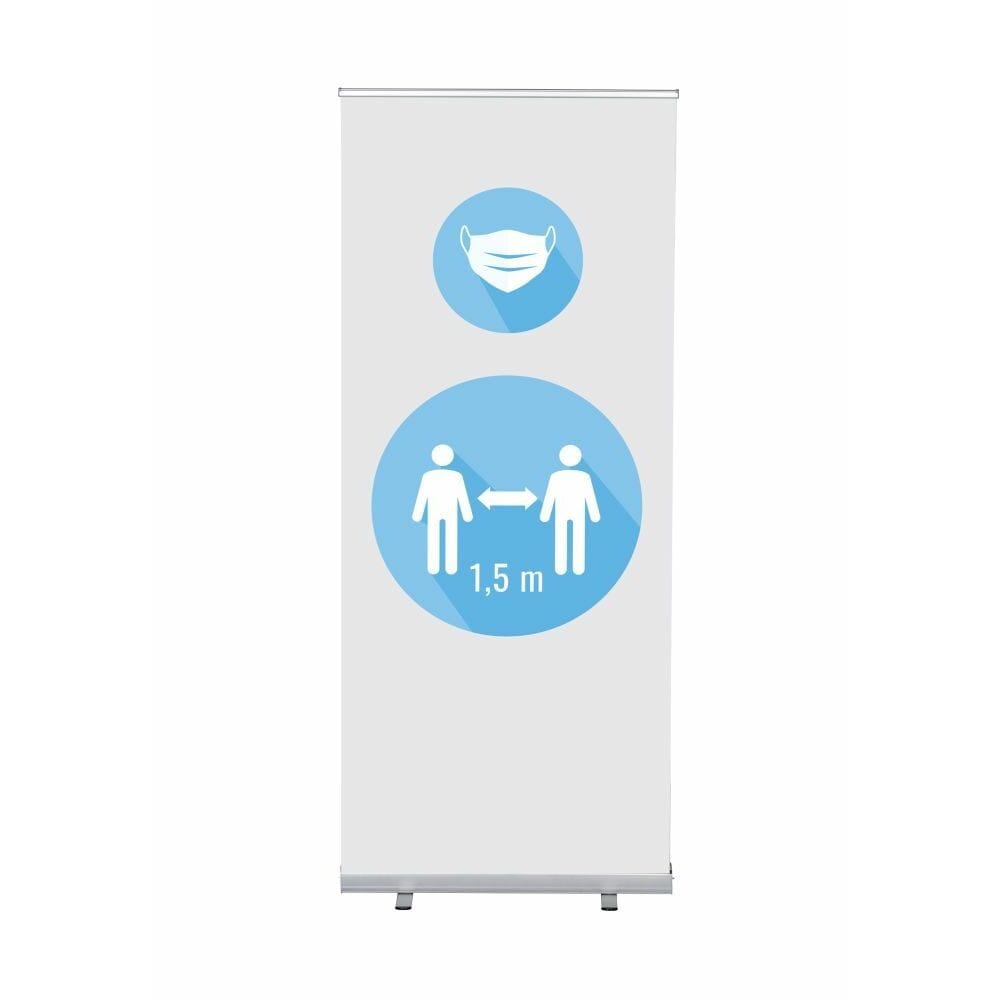 Roll-Banner Budget 85 Komplettset Motiv „Maske und 1,5 Meter Abstand“ Weiß