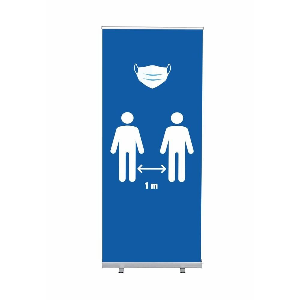 Roll-Banner Budget 85 Komplettset Motiv „Maske und 1 Meter Abstand“ Blau