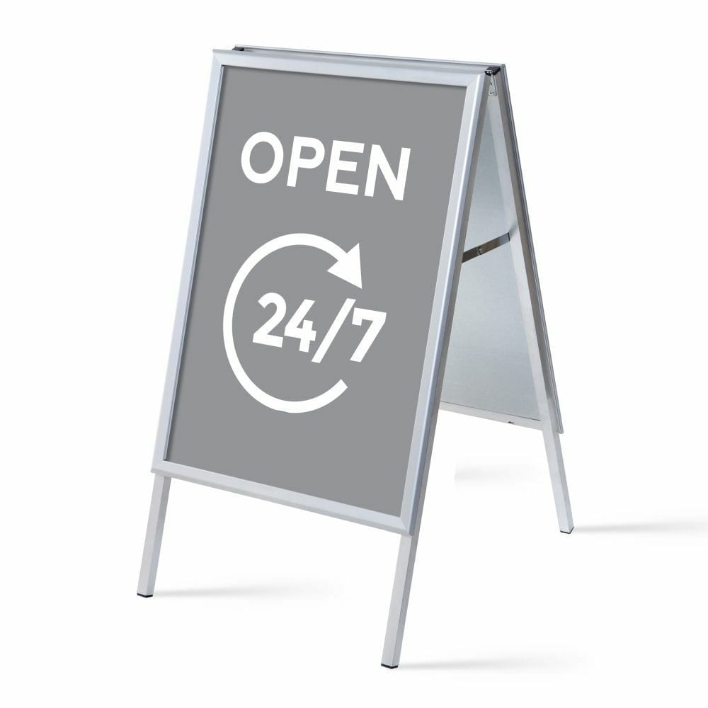 Kundenstopper A1 Komplettset Motiv „Geöffnet 24/7“ Grau Englisch