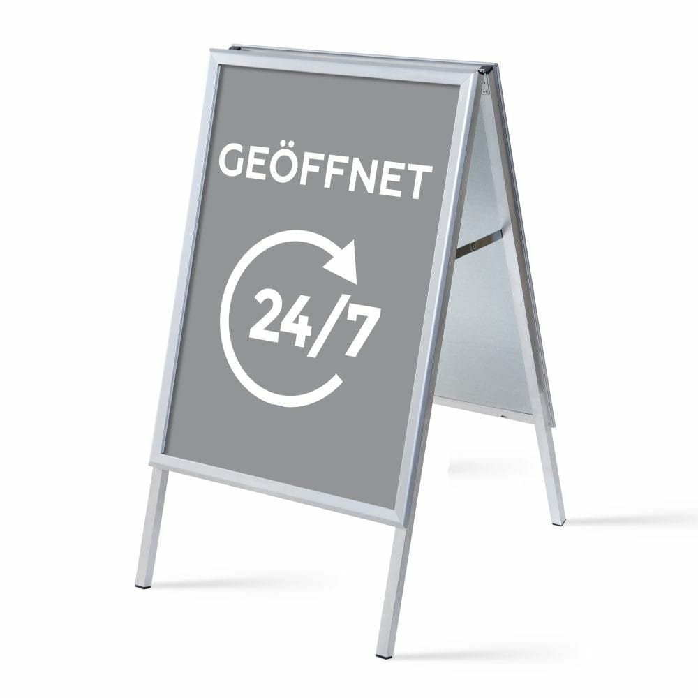 Kundenstopper A1 Komplettset Motiv „Geöffnet 24/7“ Grau Deutsch