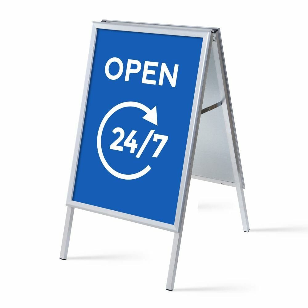 Kundenstopper A1 Komplettset Motiv „Geöffnet 24/7“ Blau Englisch